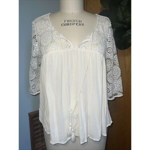 White Lace Boho Blouse with Tassel Tie Elbow Length Sleeves American Eagle XL